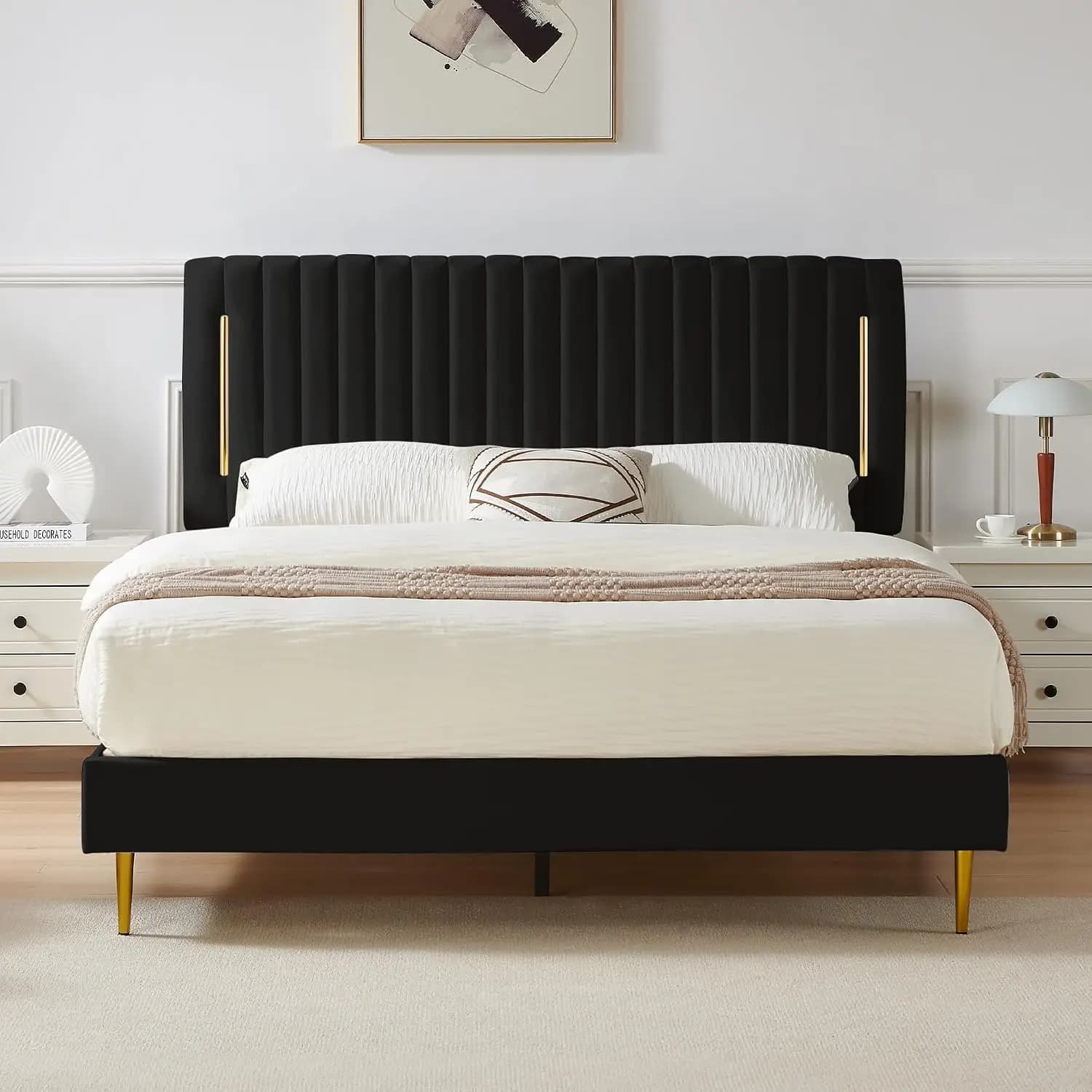 Full Platform Bed Frame, Velvet Upholstered Bedframe with Vertical Channel Adjustable Headboard, Golden Plating, Customized