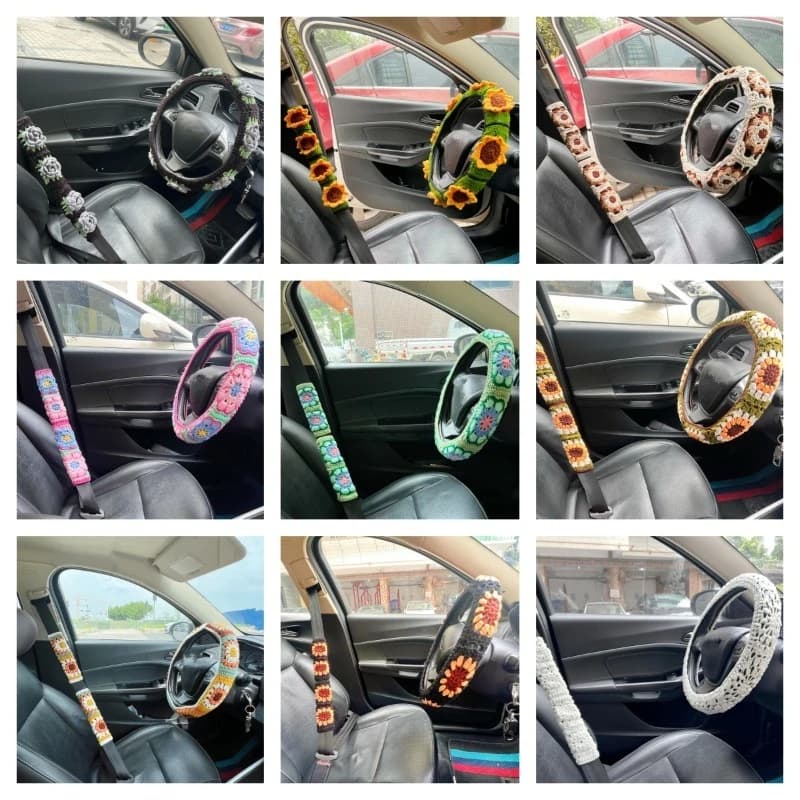 Hand‑Crochet Flower Car Steering Wheel Cover Warm Seat‑Belt Protector Sunflower Rose Auto Interior Decor