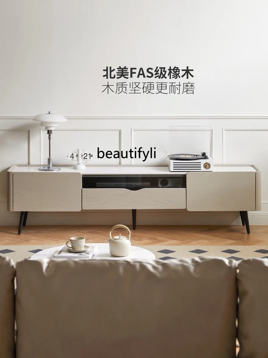 2 yj15 Solid Wood TV Cabinet High-Leg Storage Cabinet Oak Living Room Light Luxury Stone Plate Floor Cabinet