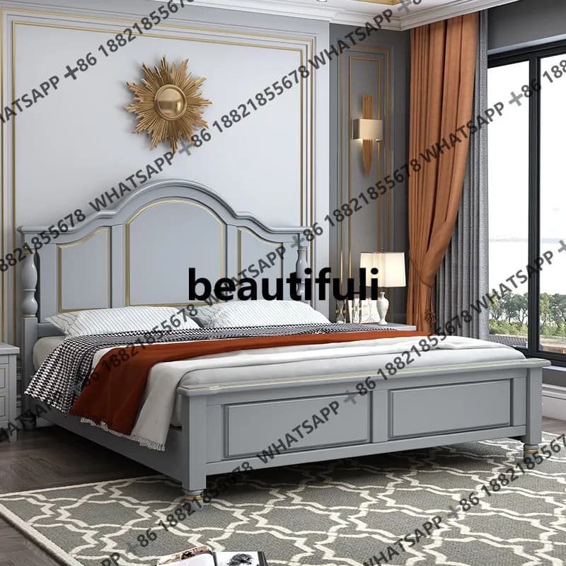 Light luxury, solid wood, double bed, modern simple white simple European, master bedroom bed