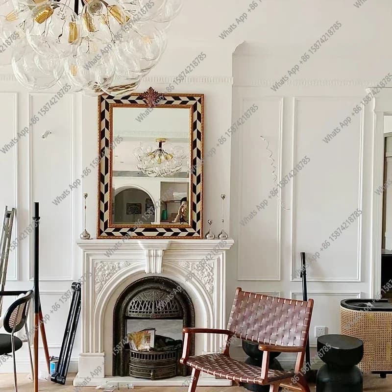 S Light Luxury Black And White Grid Decorative Mirror Retro Fireplace Enigma Mirror Wall Hanging Bathroom Smart Light Mirror