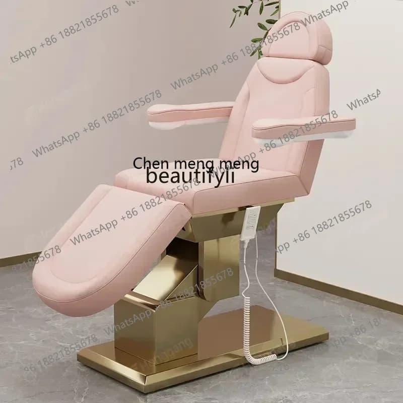 X  R0R For Beauty Salons Electric Lift Beauty Care Bed Tattoo Couch Golden Base with Armrest Head Hole