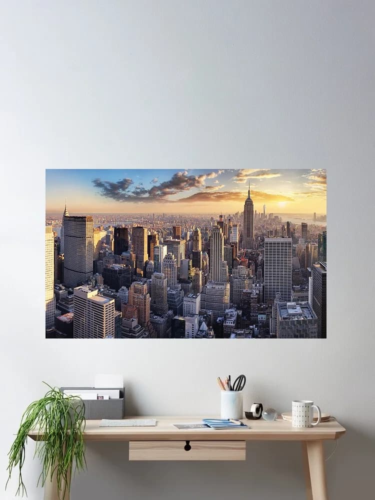 New York City NYC Sunset Photo Cool Art Print Canvas Poster, Living Room Decor, Home Wall Picture