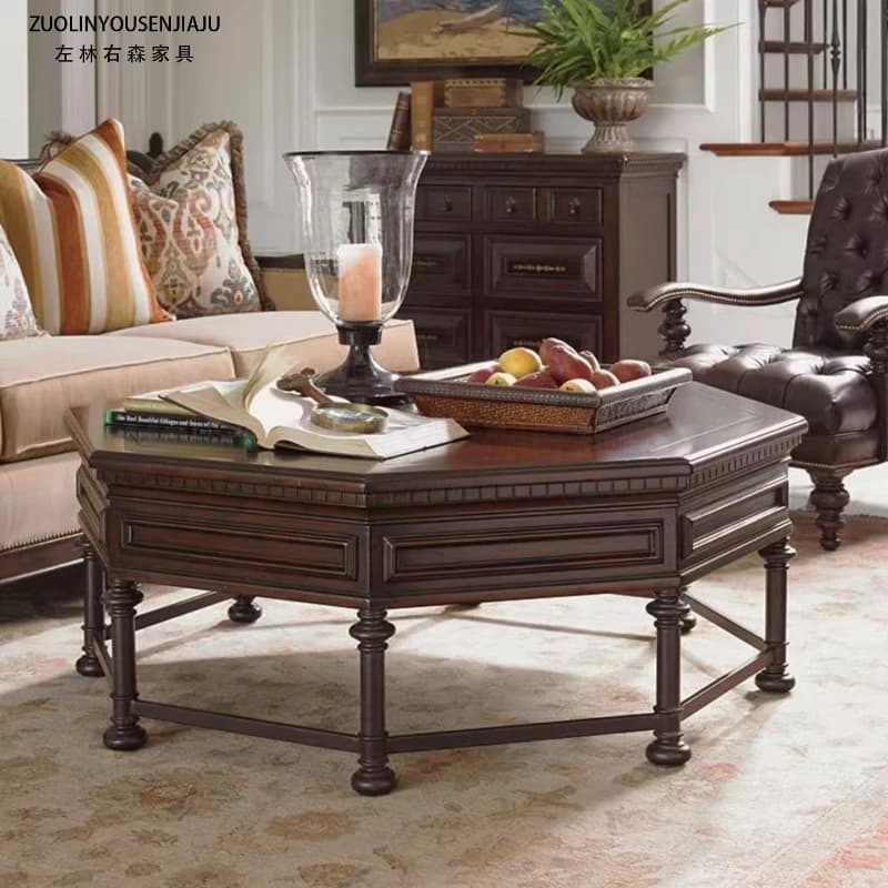 LLMM retro solid wood coffee table living room home tea table octagonal carving