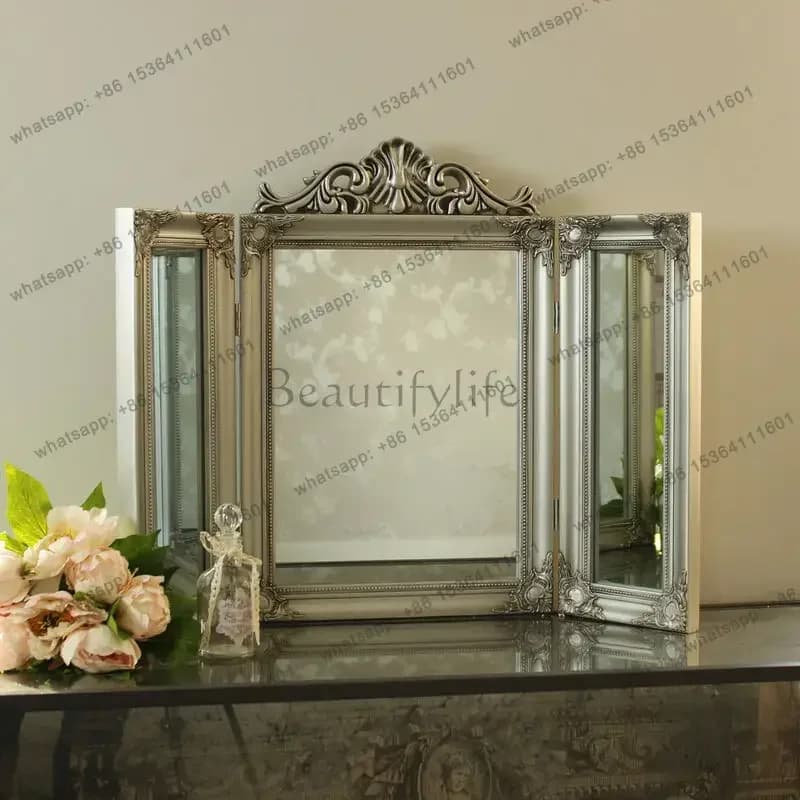 YJ French Vintage Carved Vanity Mirror Three-Fold Dressing Table Mirror European Foldable Makeup Mirror