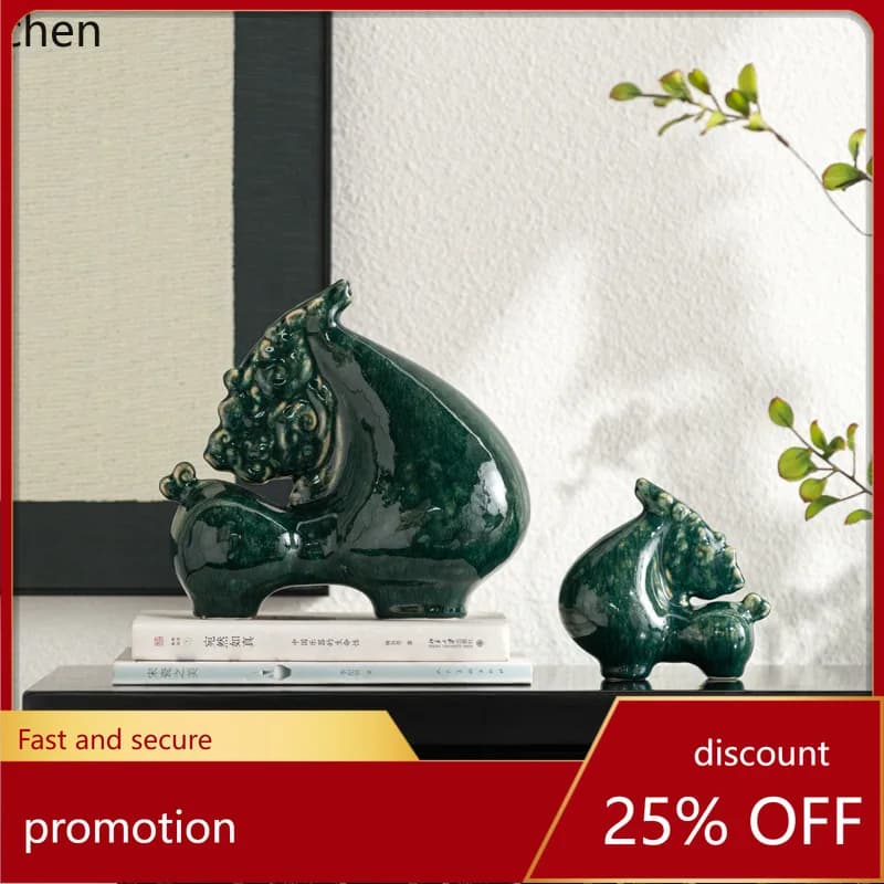 CZ Dark Green Horse Ceramic Office Decoration Ornamen Entrance Tabletop High-end Tea Room Wine Cabinet Decor