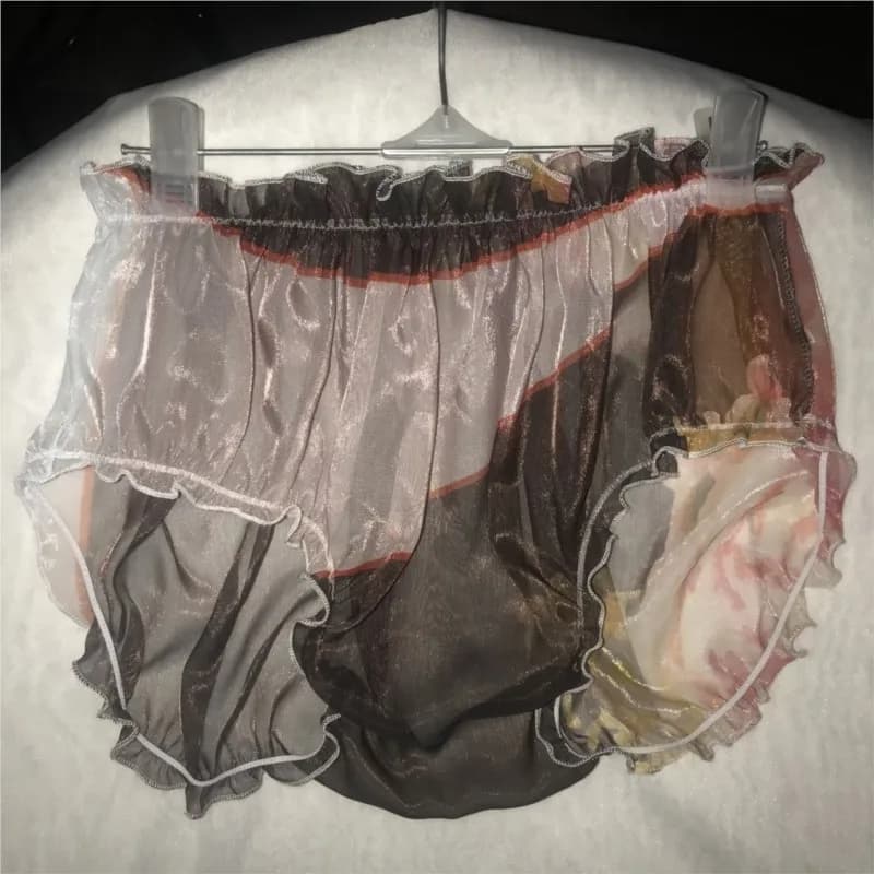 Unisex Glossy Ruffles Mesh See Through Lingerie Panties Plus Size Underwears Sexy Mid Waist Briefs