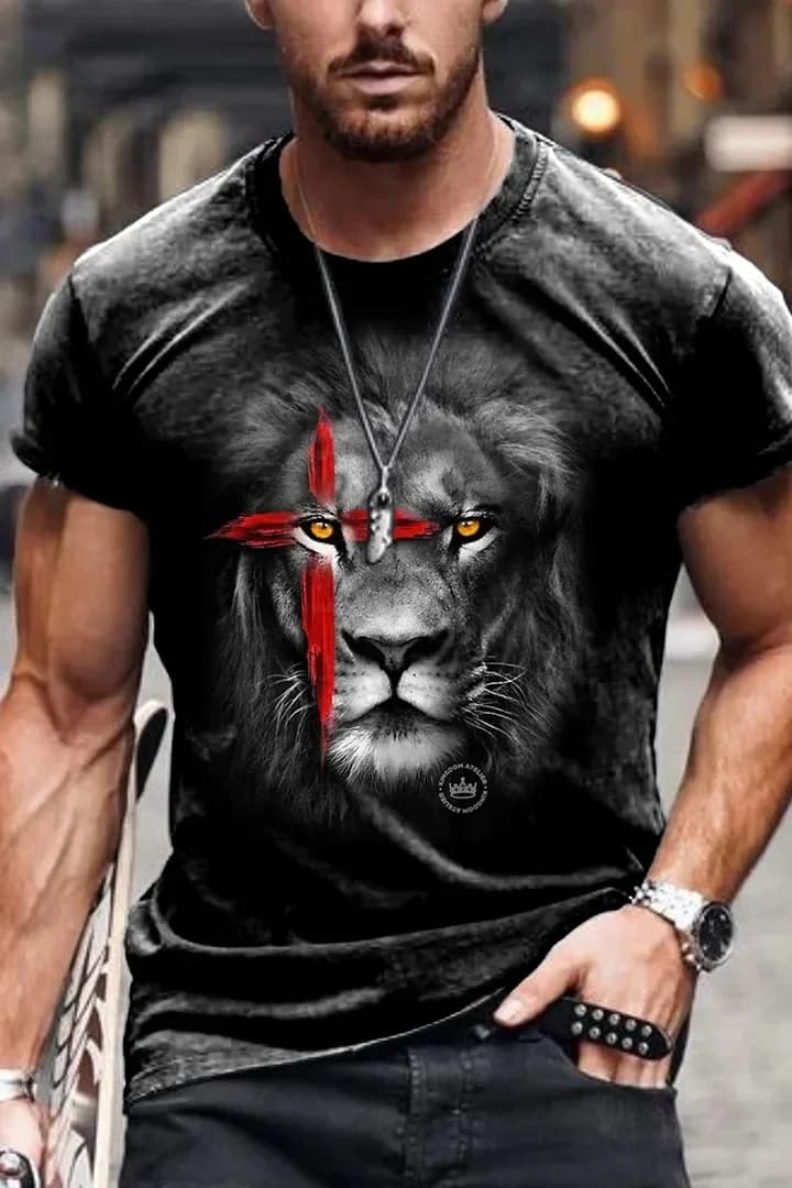 Summer Men's Printed Casual Crew Neck Short Sleeve T-Shirt Jesus Lion 3D Printed T Shirt