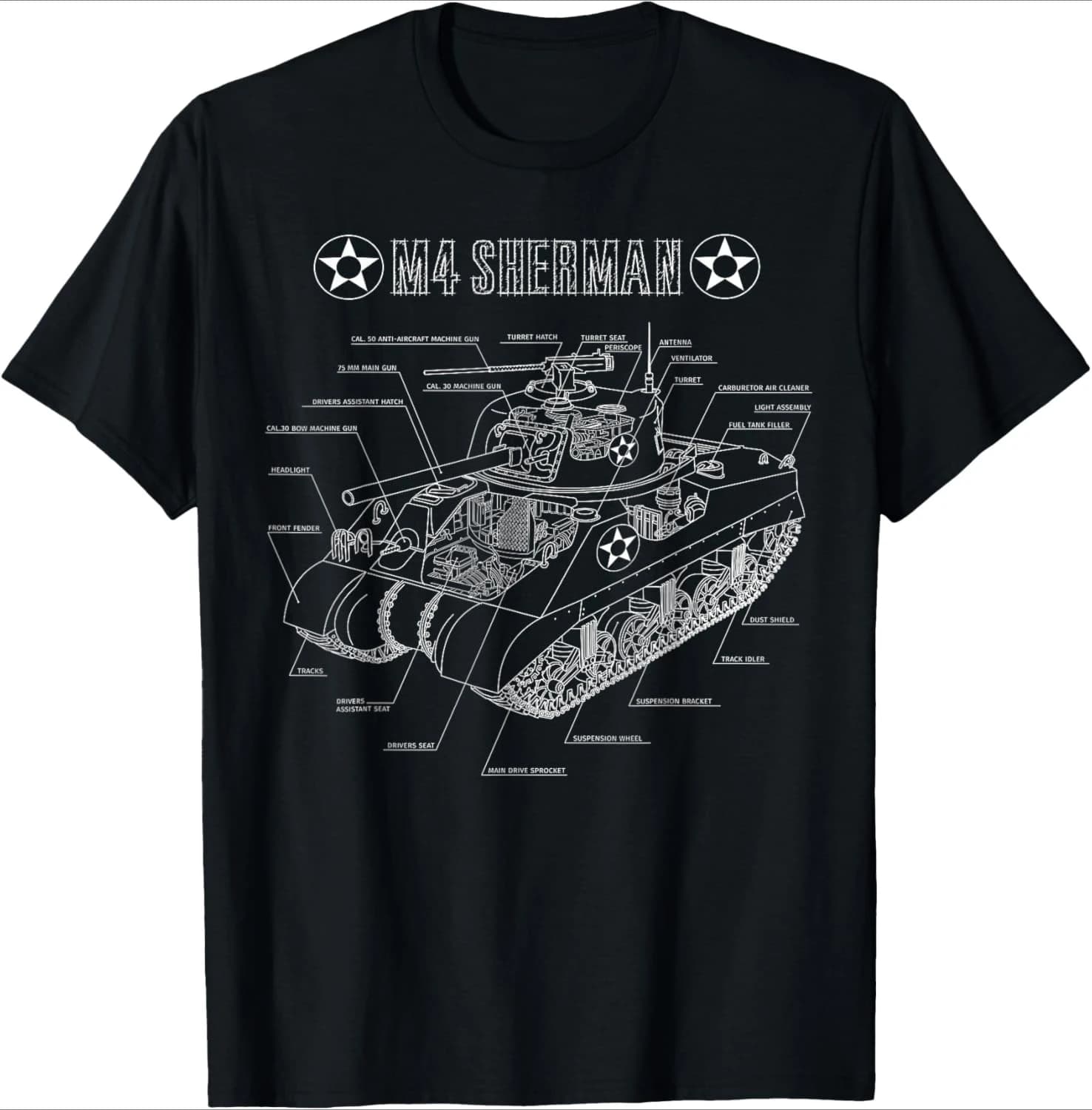 World War 2 American Tank M4A3 Sherman blueprint design-100% cotton summer O-neck short sleeve casual printed men's T-shirt.