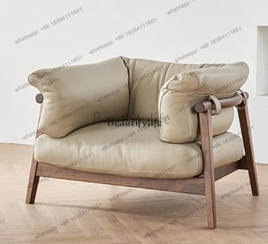 56Italian Light Luxury North American Black Walnut Wooden Sofa Living Room Solid Wood Genuine Cattlehide Leather Surface