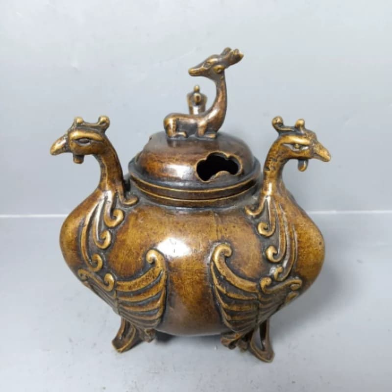 Antique Collection Brass Three sided Phoenix Incense Burner Deer Cover Three legged Home Tea Room Decoration Tea Ceremony Craft