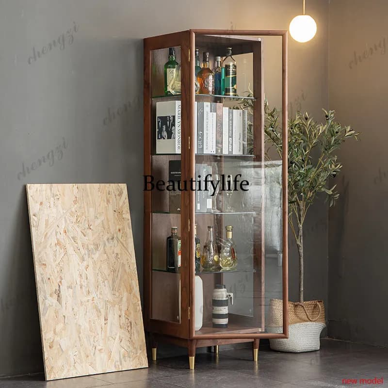 h178Solid wood bookcase modern, glass storage cabinet Japanese living room display, TV side cabinet