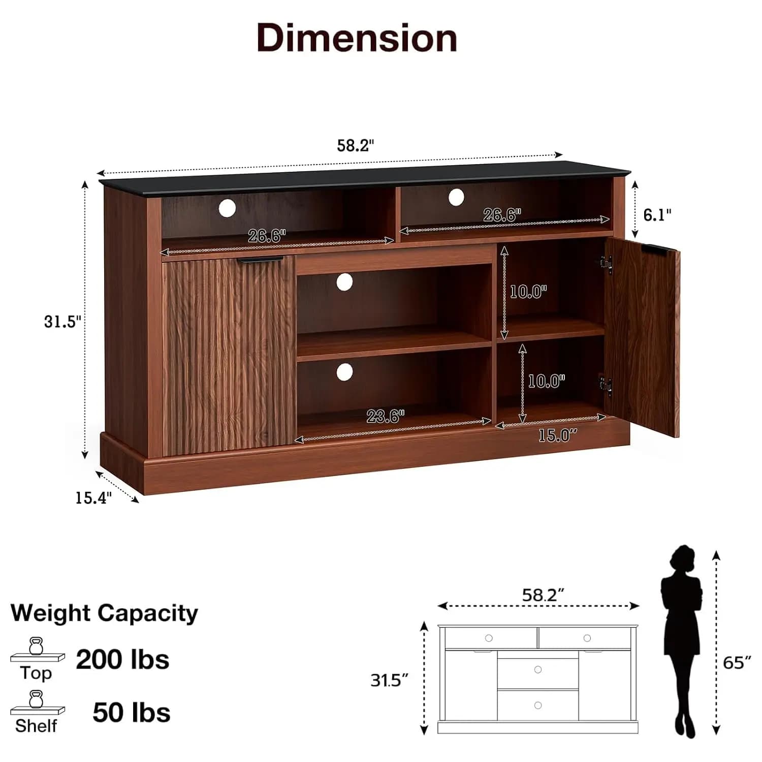 TV Stand for up to 65" TV, Mid-Century Entertainment Center, Walnut | 63"W x 15.4"D x 25"H, 2 fluted cabinets, 1, Customized