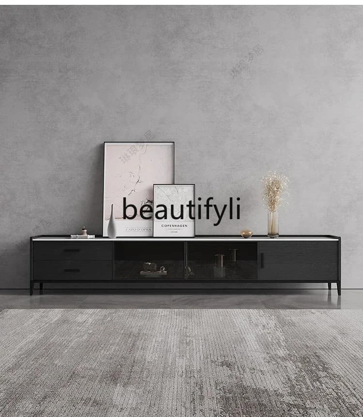 yj57 Nordic rock slab solid wood TV cabinet coffee table combination modern living room black floor cabinet TV cabinet