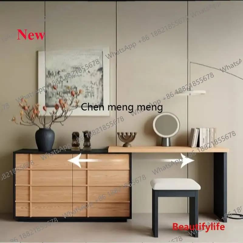 a17  Brown Natural Vanity Table Dest Storage Wooden Vintage Mirror Makeup Vanity Desk Space Saving Table De Maquillage Furniture