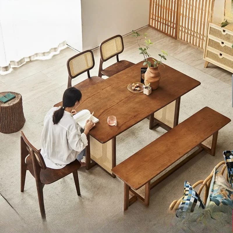 LH1 ash wood rattan dining table and chair combination retro simple bench chair table