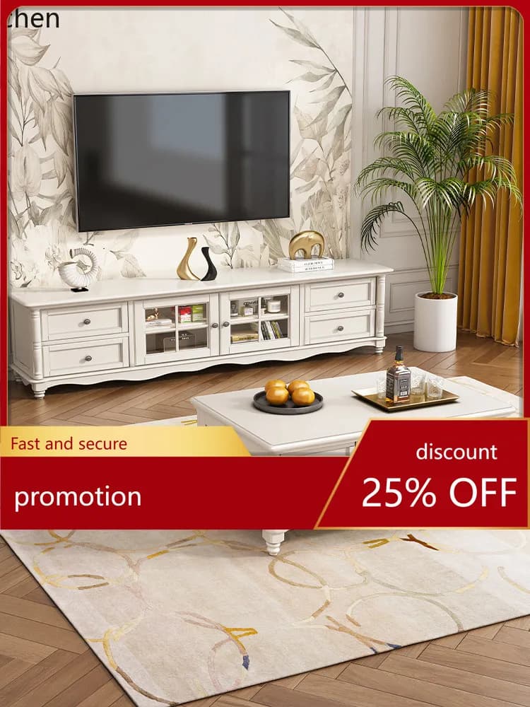 CZ American Style White Solid Wood Coffee Table TV Cabinet Set Modern Living Room Natural Wood Kung Fu Tea Table