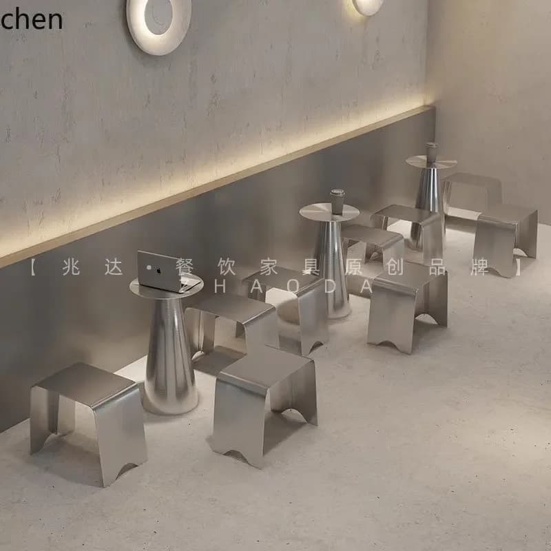YY- Dining Table and Chairs Industrial Style Cafe Simple Stainless Steel Small Round Table Long Bench