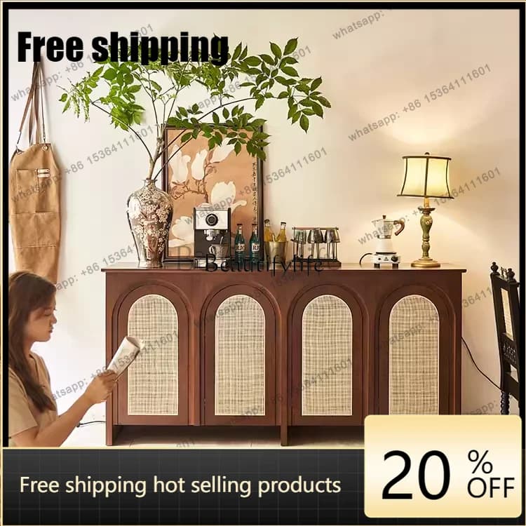 JJ  French Retro Solid Wood Tea Cabinet Rattan Household Storage Cabinet Arched Door