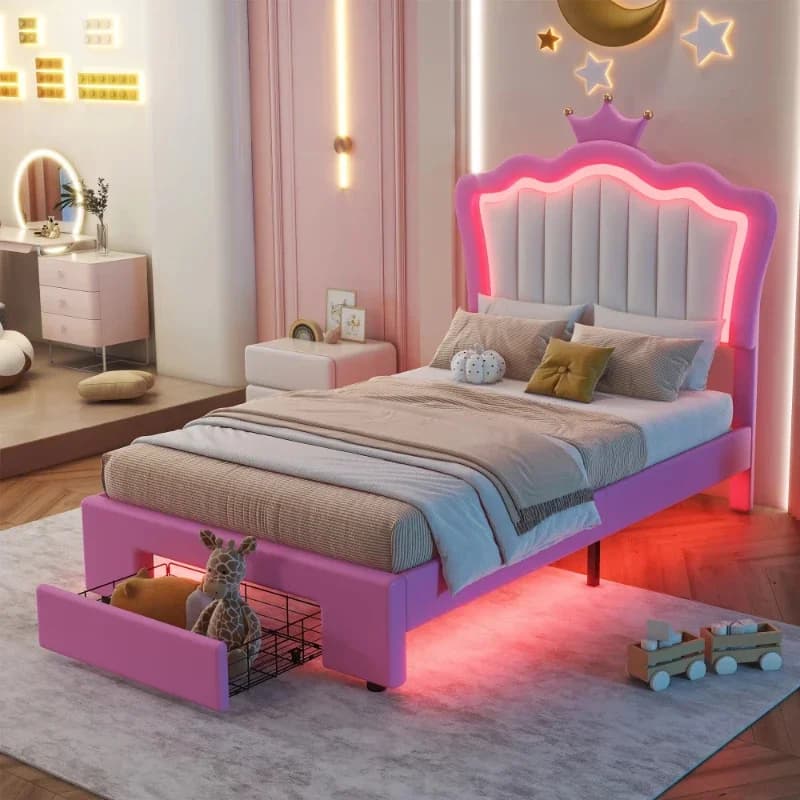 Modern pink princess girl bed with tufted headboard, bedside storage drawers, upholstered children's bedroom