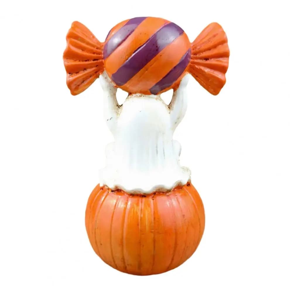 Small Gift for Children Halloween Ghost Figurine Sitting on Pumpkin Cute Candy-holding Ghost Statue Spooky Resin for Indoor