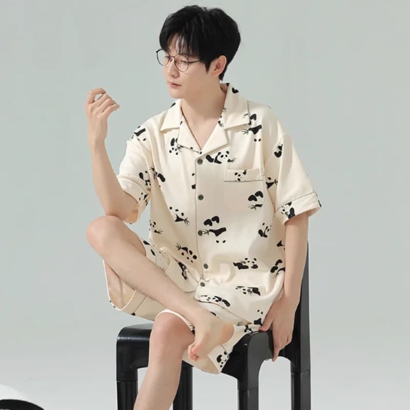 Cute Cartoon Pure Cotton T-shirt Shorts Pajamas Suit Men Loose Casual Homewear Outdoor Wearable Comfortable Soft Spwear Set﻿