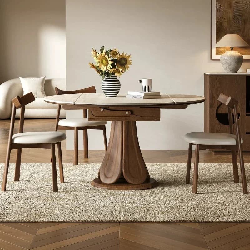 FG Modern Simple Rock Slab Retractable Dining Table Set Of 6 Chairs Luxury Folding Round Solid Wood Tables Kitcjen Pliante Desk