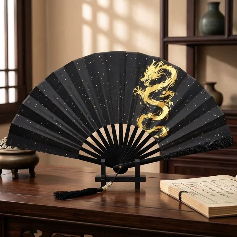 Chinese Imperial Dragon Folding Fan High Manganese Steel & Alloy Frame Black Silk-like Fabric with Gold Dragon Print