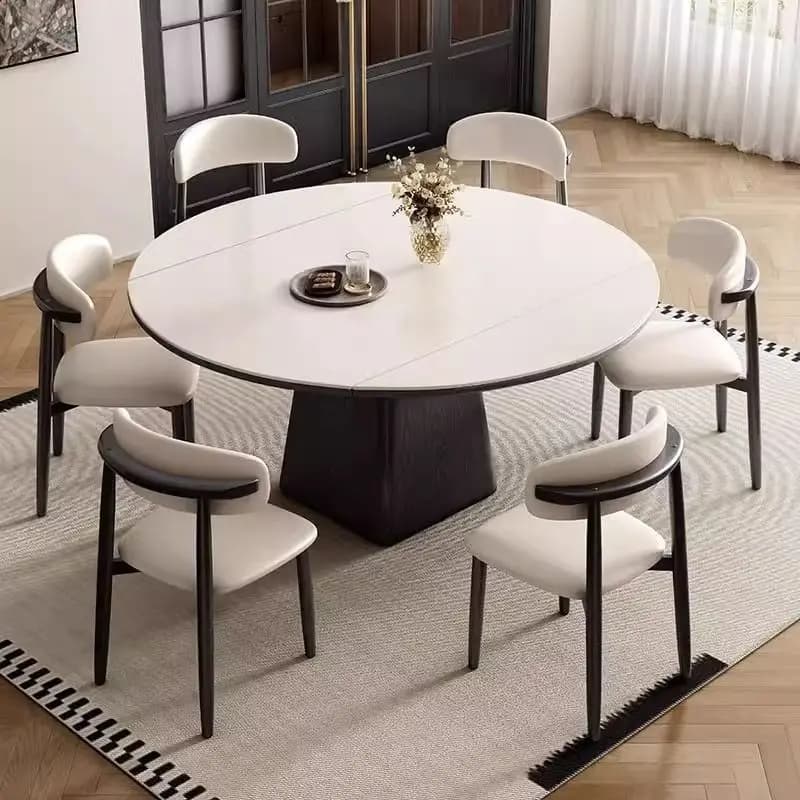 #Factory Prices Simple Style Solid Wood Base Strong Load-Bearing Capacity Round Rock Slab With Turntable Restaurant Dining Table