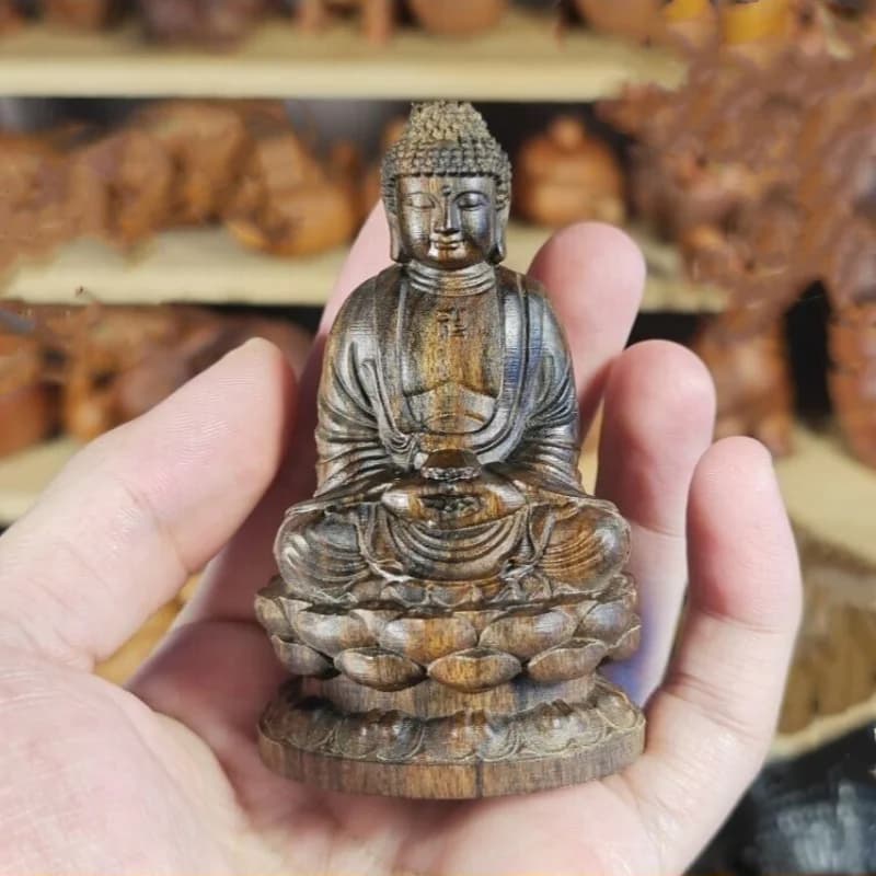 3.1" Indonesian Dala Dry Agarwood Carving Buddha Rulaifo Statue Fengshui Decor