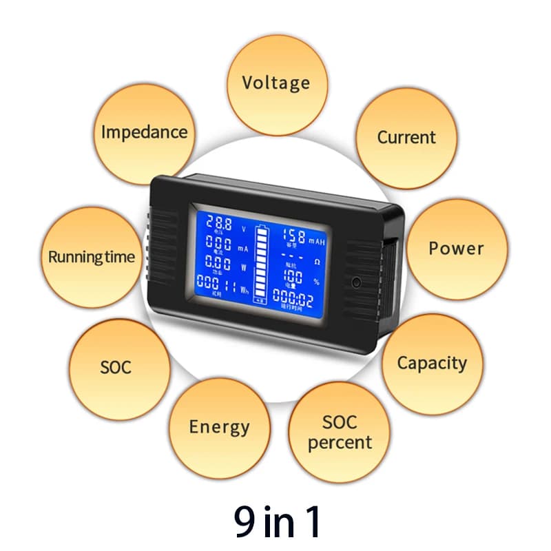 Battery Tester 9in1 Voltage Meter Amp Voltmeter Current Power Energy Impedance Resistance Capacity SOC Monitor 0-200V
