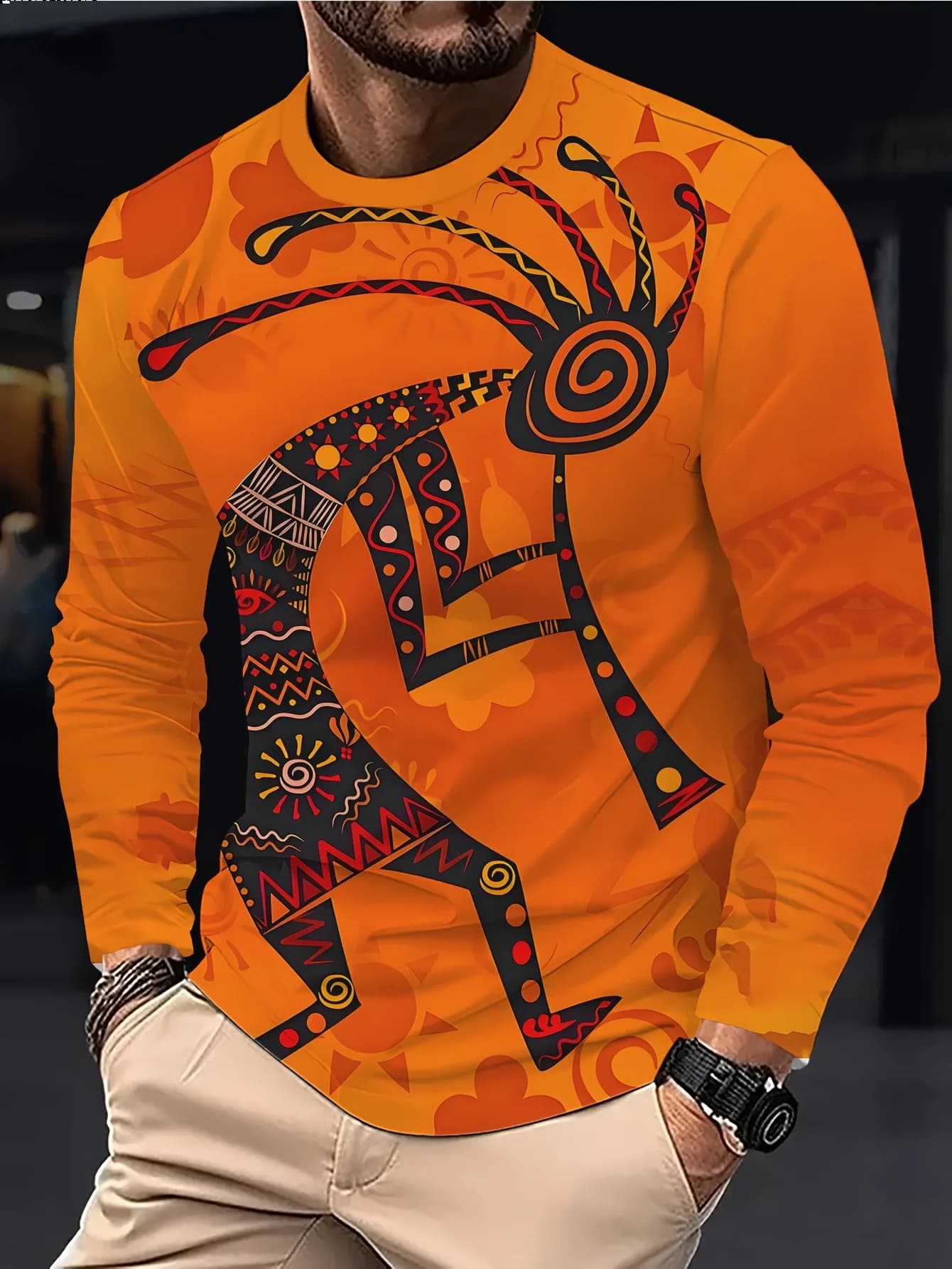 Men’s Long Sleeve Tribal Art Print T-Shirt Regular Fit Casual Crew Neck Long-sleeved T-shirt For Street Daily Wear Top