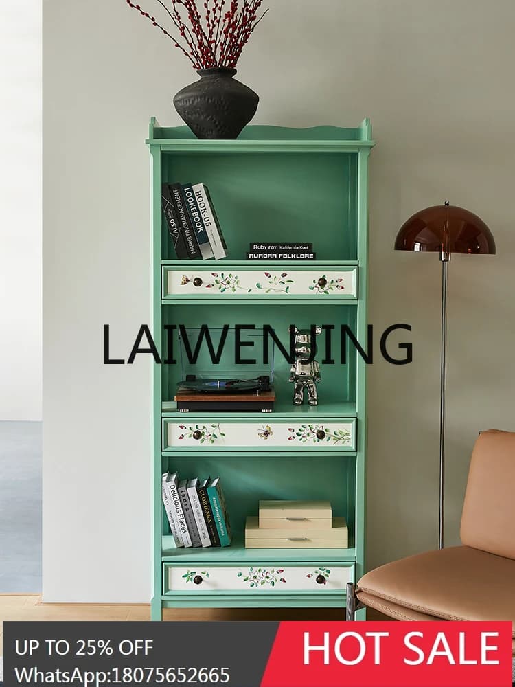 American-Style Solid Wood Painted Bookcase Storage Multi-Functional Drawer Storage Rack Retro Multi-Layer Display Rack