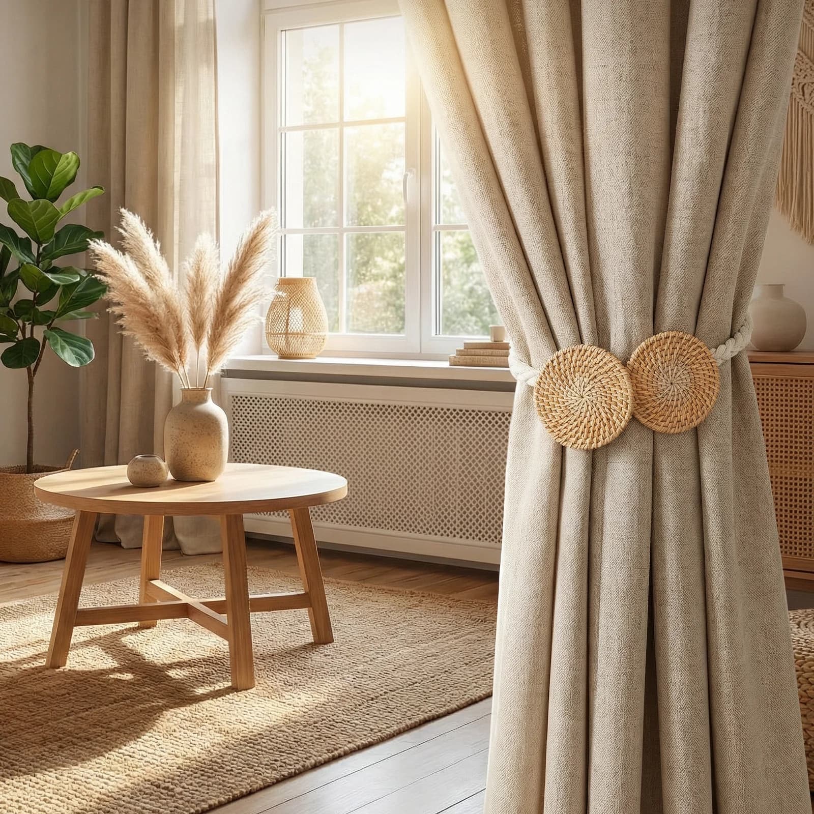 2Pcs Natural Rattan Curtain Tie Backs Holdbacks for Bedroom Living Room Decor No Drill Curtain Holder Tiebacks Strap Clip Buckle