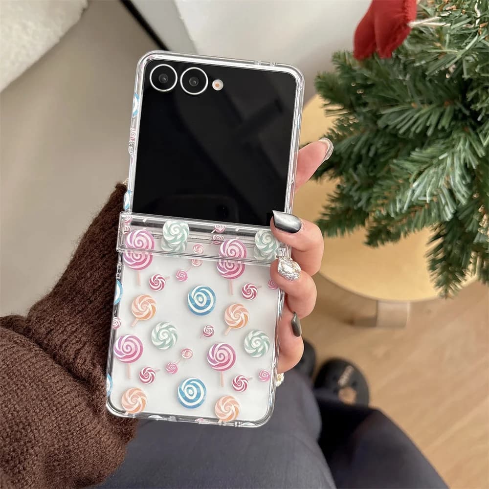 Sweet Kawaii Pastel Swirl Lollipop Candy Printed Phone Case for Samsung Galaxy Z Flip 7-3 Glitter Bead Strap Protective Cover