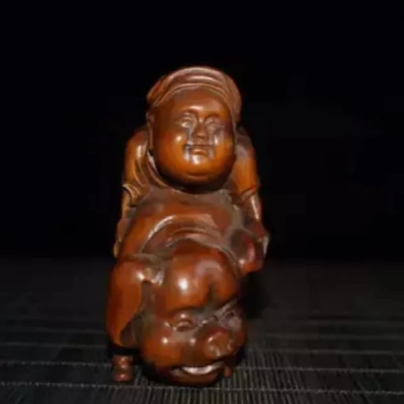Chinese Natural Boxwood Hand-carved Human & Pig Statue figure hand piece