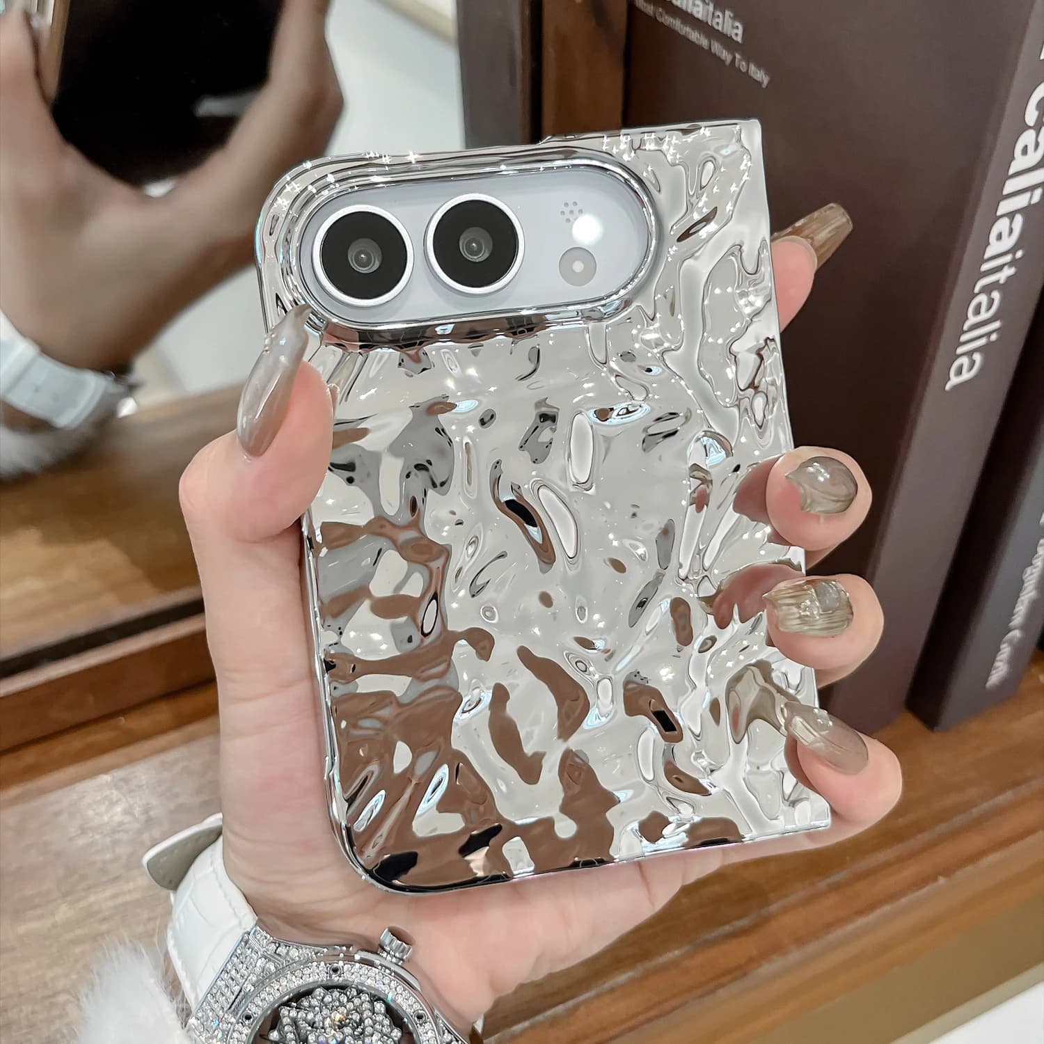 Luxury Electroplate Premium 3D Water Ripple Wrinkle Foldable Phone Case For Apple iPhone Duo Fold Shockproof Hard PC Cover Funda