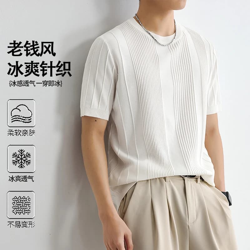 2026 Summer New Style Men's Short-Sleeved T-Shirt Lightweight Breathable Round-neck Knitted Shirt Trendy Casual Striped White To