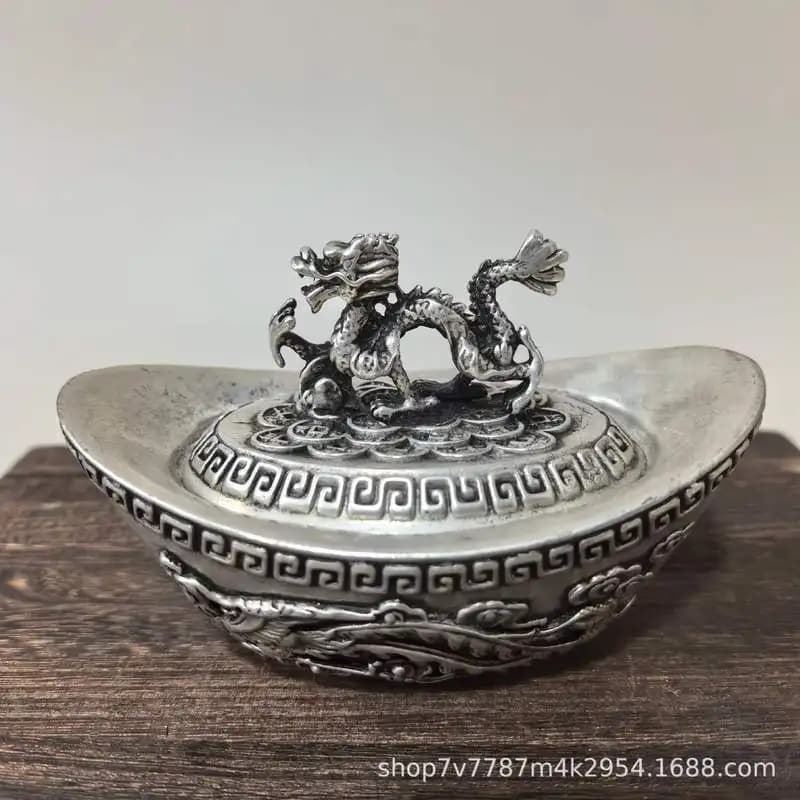 Brass craft piece silver plating, featuring a dragon, phoenix, qilin with a lid, and a gold ingot, for home decoration