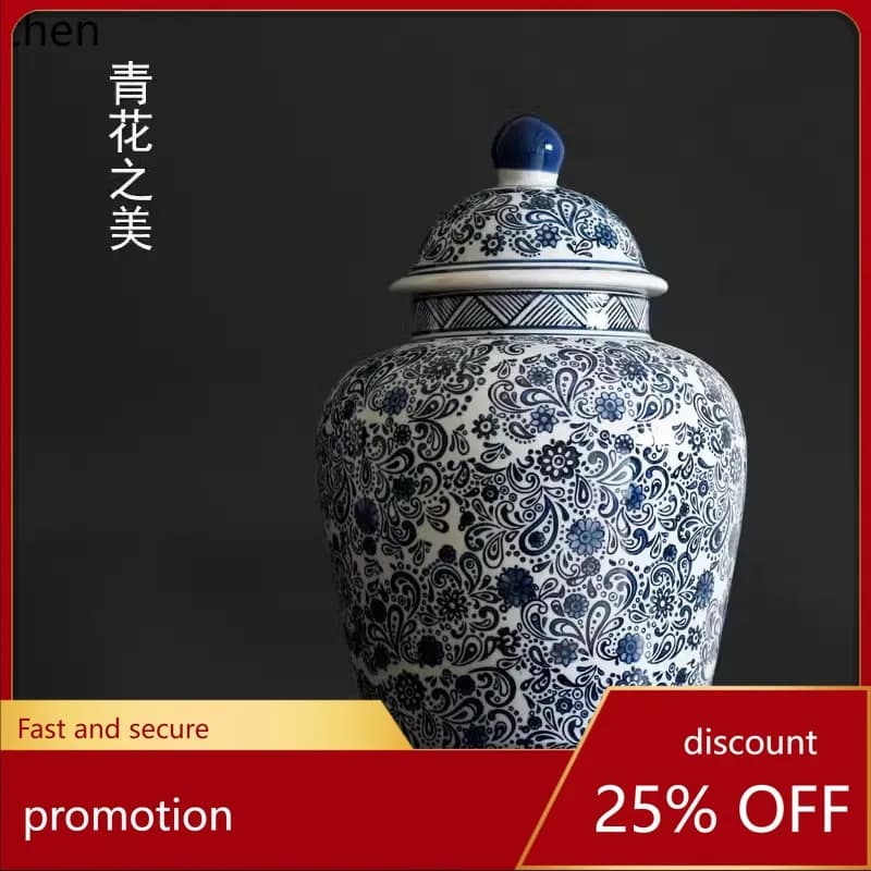 YFY  chinoiserie blue and white ceramic vase storage jar display model room entrance tv cabinet jar decorations ornaments