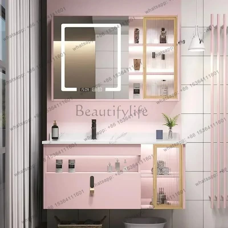 CC Modern Cute And Pink Smart Bathroom Cabinet Combination Washstand Light Luxury Net Red Cabinet Bathroom