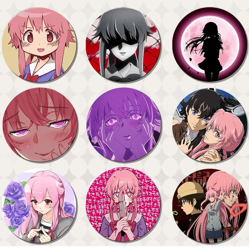 58mm Anime Character Gasai Yuno Lapel Pins Creative Round Snap-in Button Brooches Badge for Backpack Accessories Jewelry Gift