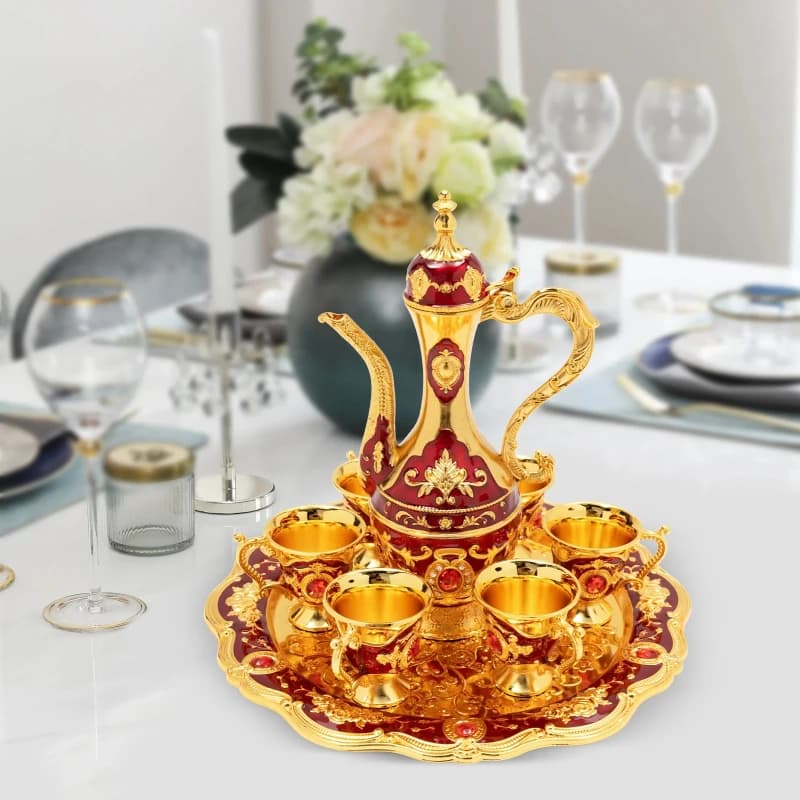 Tea Set 8 45Oz Teapot with 6 Cups and Tray Zinc Alloy Traditional Serving Set for Home Decor Gift Turkish Coffee Culture