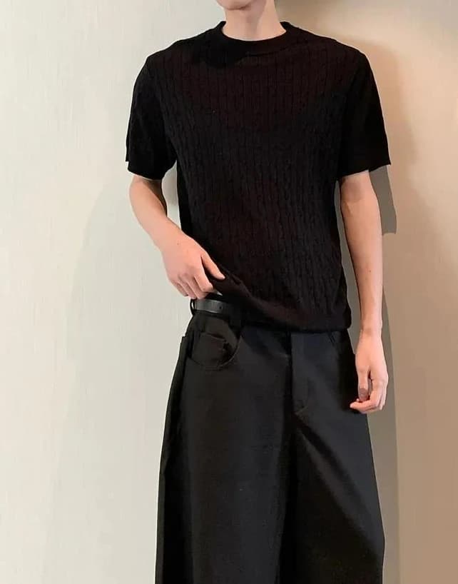Summer Crew Neck Twist Knitted Short Sleeve T-Shirt Men's Solid Color Versatile Casual Half Sleeve
