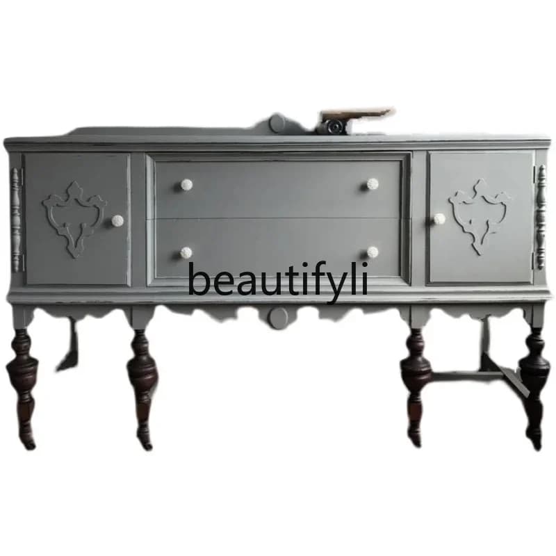 French solid wood carving flower entrance cabinet antique gray dining side locker living room decoration cabinet custom R