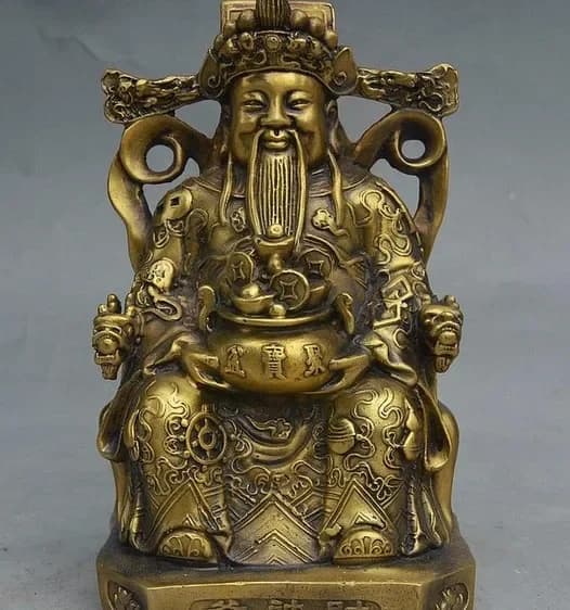 China Bronze Seat Dragon Chair Wealth God Mammon Hold Treasure Bowl Statue