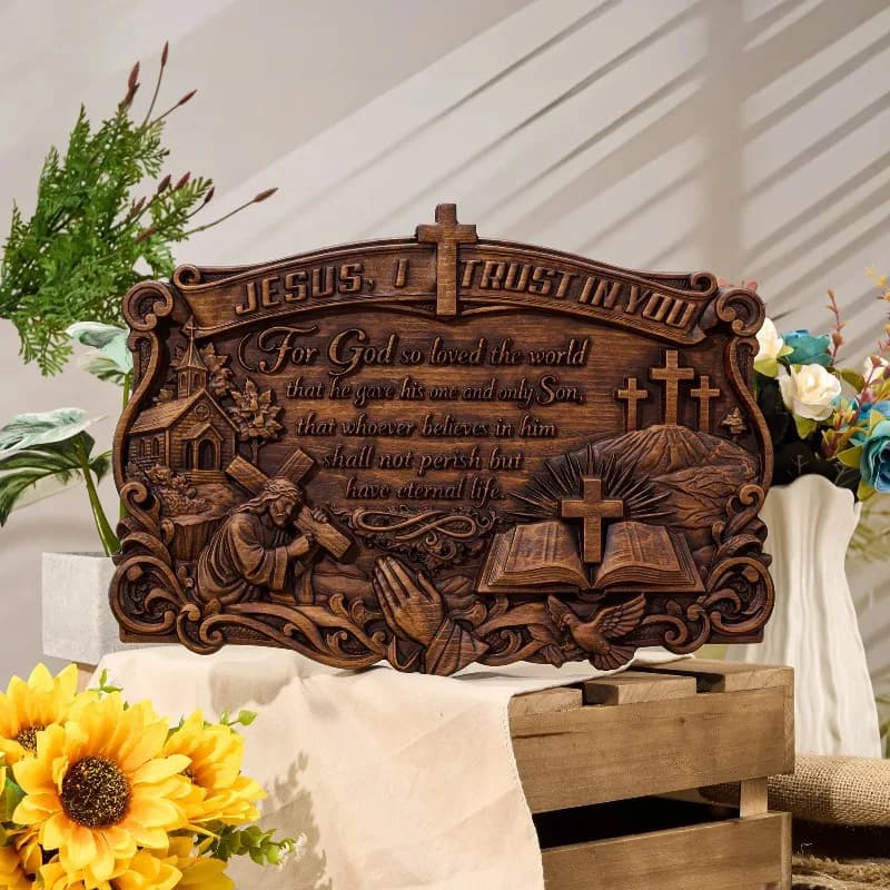 High Quality Vintage "Jesus, I Trust in You"  Handcrafted Solid Wood Religious Plaque with John  Eternal Holy Statues