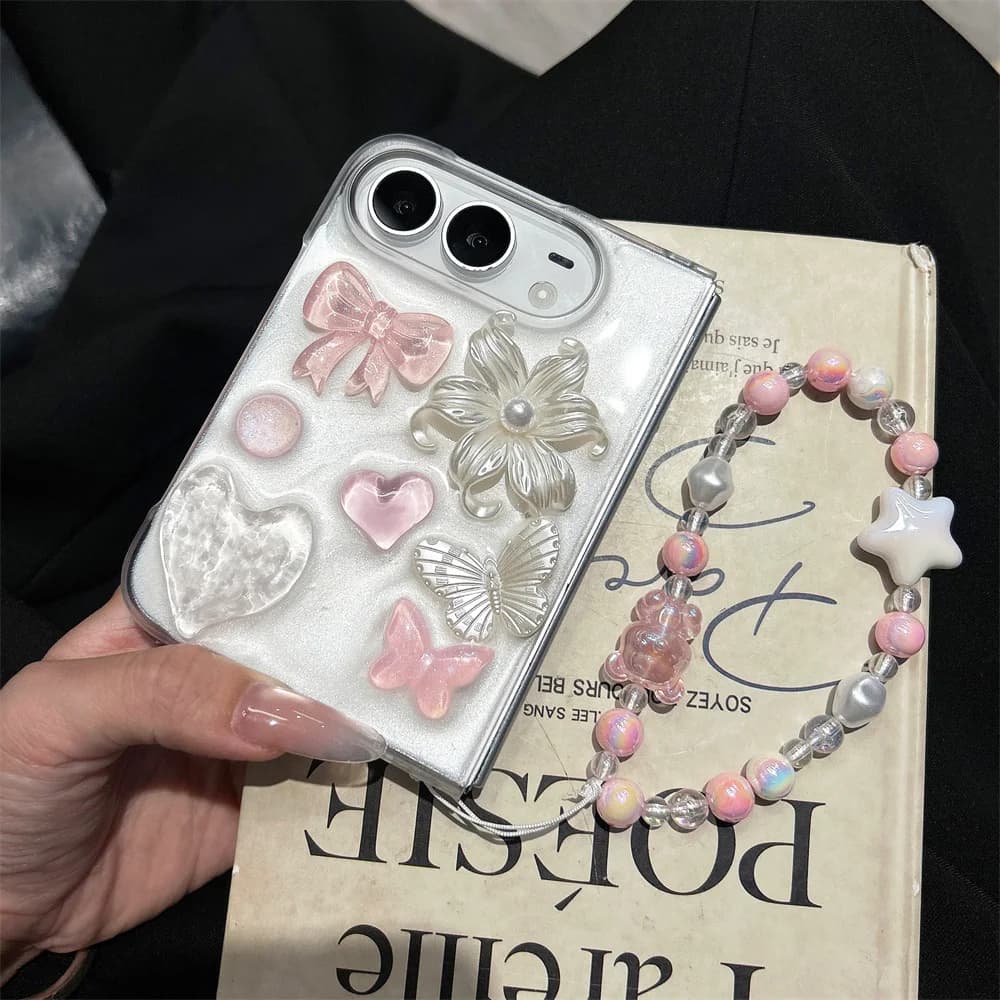 New Korea Cartoon Glued flower butterfly Phone Case For iPhone Duo Foldable Protective Cover Cute Cases Shockproof with Chain
