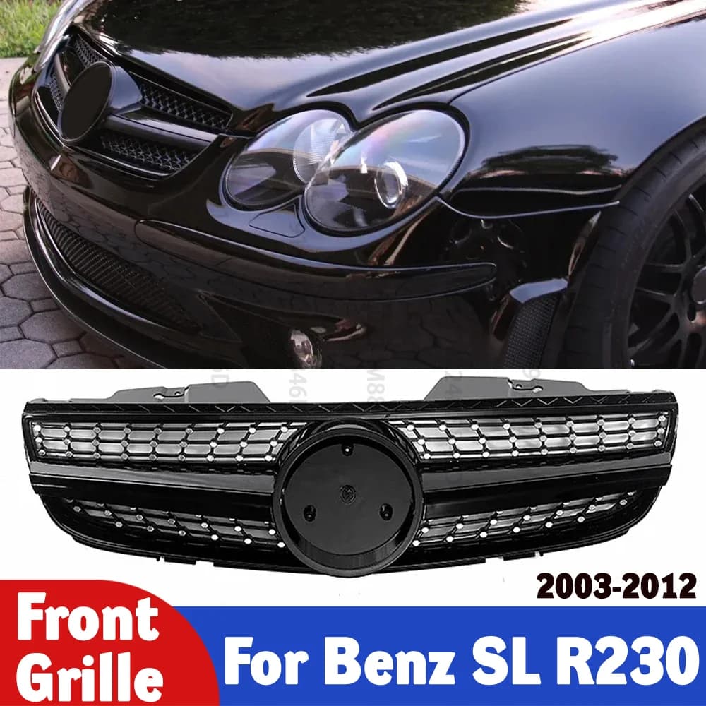 For Mercedes SL Class R230 Front Bumper Grille Cover ABS SL65 AMG Style Custom Fit 2003 - 2012 SL350 SL500 SL550 SL600