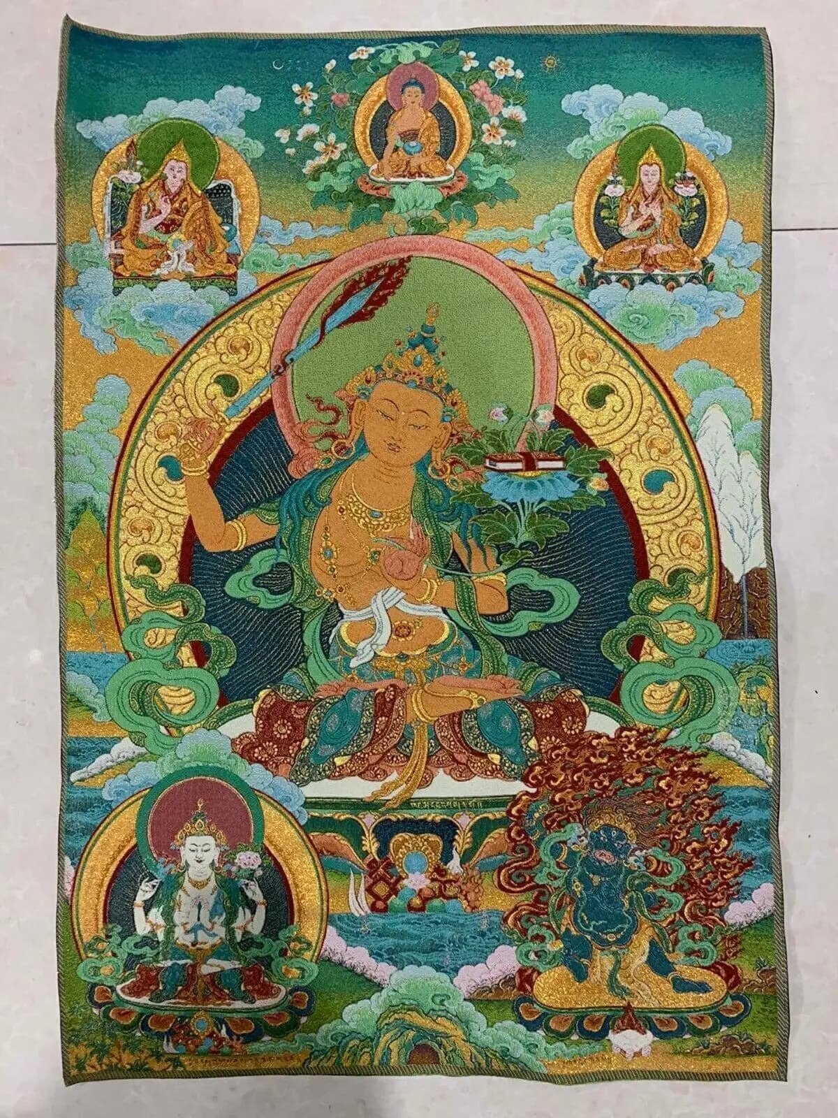 35.4"Tibet Cloth Embroidery Wenshu Manjushri Buddha Thangka Tangka Mural Statue